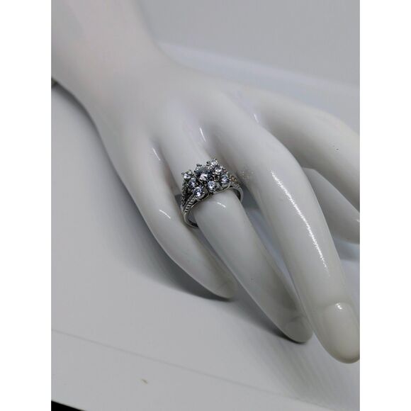 The Glow Show Jewelry - CZ Cluster Ring Size 7 White Gold Plated Split Shank Statement Cocktail Ring